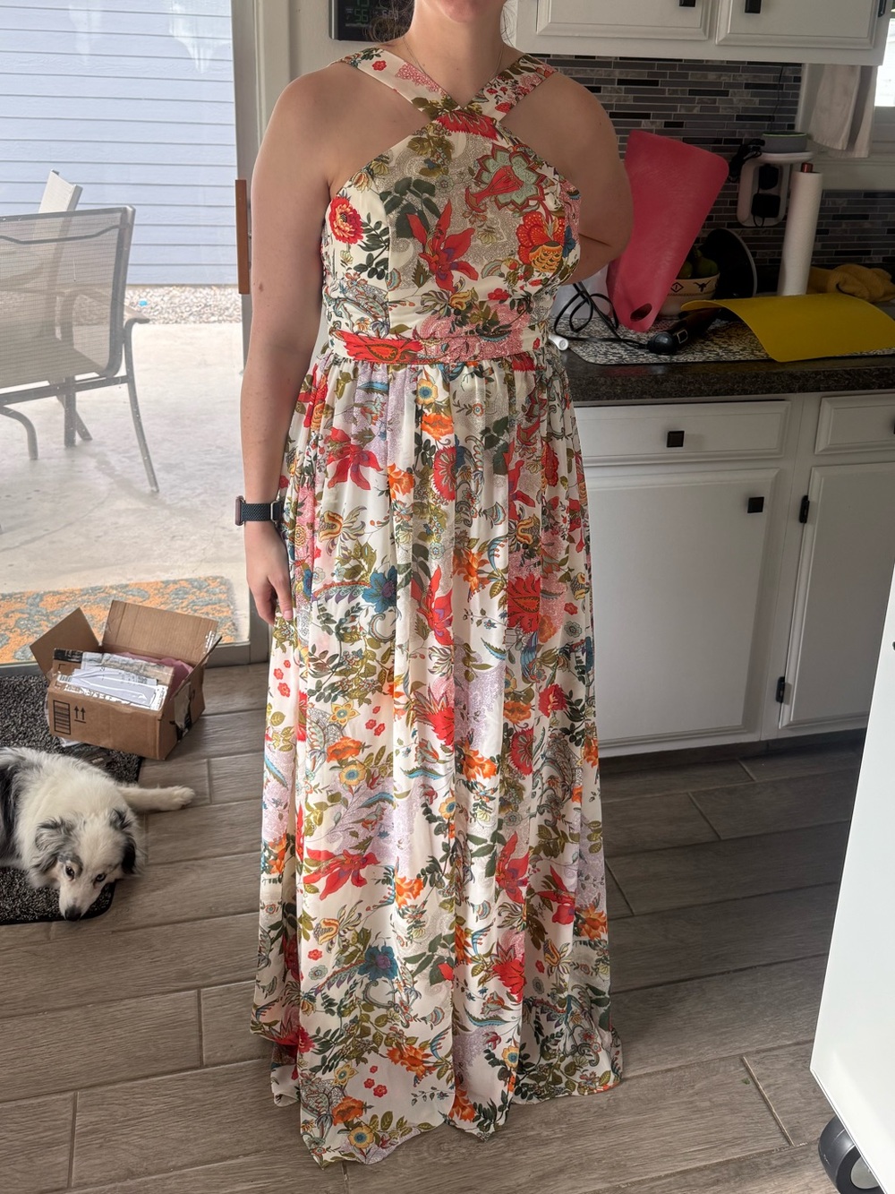 Lulu's Cream Halter Maxi Dress with Red & Green Floral Print - Picture 5 of 5